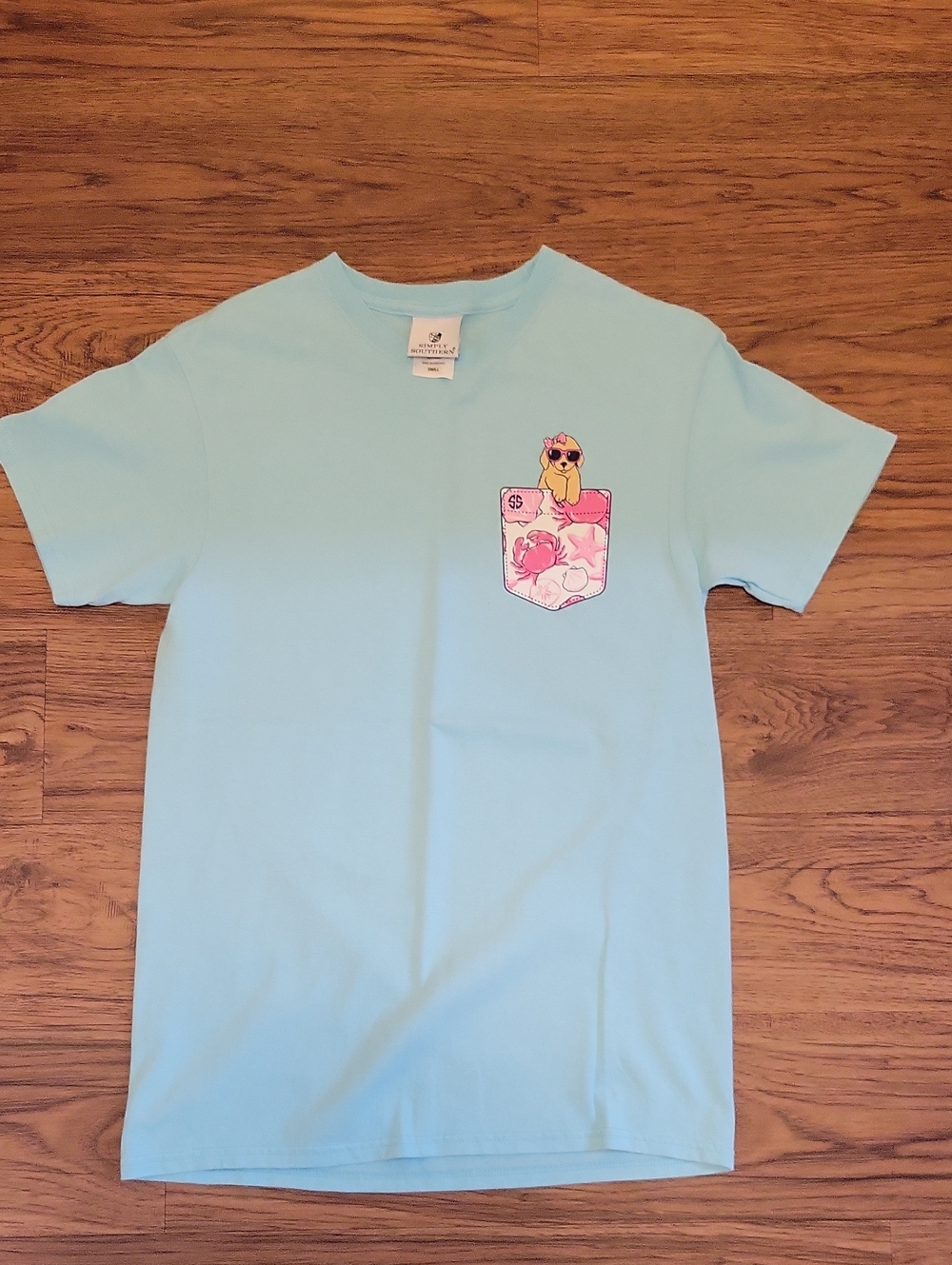Simply Southern Women's Light Blue Tee with Pink Floral Pup Pocket